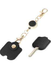 1pc Black Leather Key Protector, With Retractable Badge Reel, Lobster Claw Elastic Key Ring, Portable Key Accessory, Stretchable Household Key Ring - Multicolor - View 11