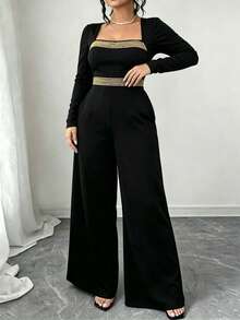 Plus Size Women's Elegant Fitted Spaghetti Strap Jumpsuit, Gold Sequin Trim On Straps And Chest, With Pockets, Wide Leg Style, Suitable For Parties And Banquets - Black - View 3