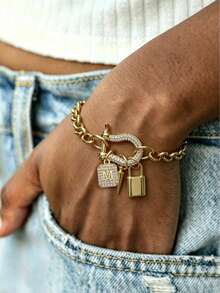 1pc Elegant Horseshoe Buckle Bracelet With Letter Charm And Lock Charm, High-End Vintage Style, Suitable As A Beautiful Holiday Gift For Women - Gold - View 20