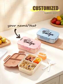 1pc Customizable Flip-Top Bento Box, Supports Artistic Text Customization, Large Area Customization, Portable, Waterproof, Leak-Proof, Suitable For Outdoor, Travel, School, Office, Includes Sauce Box And Utensils, Four-Sided Lock Design - Multicolor - View 4