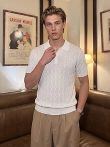 Men's Summer White Cable Knit Polo Shirt, Luxurious Airy Knit Fabric, Light & Breathable, Old Money Style For Gentleman Gatherings & Daily Casual - White - View 10