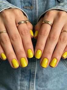 24pcs Rectangular Elegant Yellow Solid Color Nail Stickers, Fashion Lemon Yellow Solid Color Full Coverage Fake Nails, Pointed Shape, Suitable For Women And Girls, Includes 1pc Jelly Glue And 1pc Mini Nail File, Jelly Glue Randomly Shipped - 黃色 - 查看 1