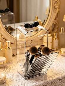 2pcs/1pc Clear Acrylic Makeup Organizer Set, Dustproof Bowknot Makeup Brush Holder & Lipstick Storage Box, Large Capacity Desktop Cosmetic Organizer For Vanity, Bathroom & Bedroom, Transparent Beauty Storage Solution - View 3