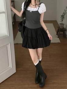 女款蝴蝶結裝飾拼接色休閒百搭日常穿搭夏季T恤 - 灰色 - 查看 4