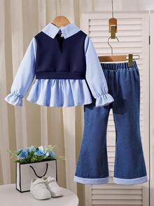 Young Girl Cartoon Print 2 In 1 Shirt Collar Long Sleeve Sweatshirt And Denim Jeans - Blue - View 2