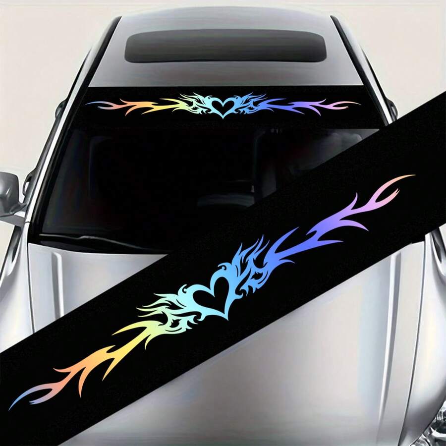 Autocollant de pare-brise de voiture en forme de cœur coloré avec motif de flamme, parfait pour améliorer l'apparence de votre voiture, imperméable et résistant aux rayures, convient à tous les modèles de voiture, matériau durable de haute qualité, longue durée - Autocollants pour voiture - Voir 1