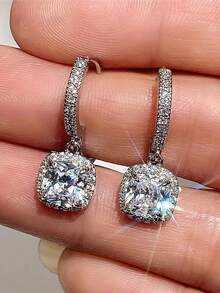 1 Pair Luxury Minimalist Square Earrings With Cubic Zirconia Studs, Fashionable And Unique, Suitable For Women's Daily Wear - Silver - View 4