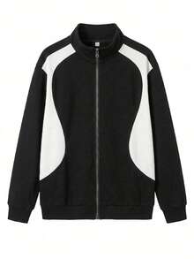 Women's Autumn/Winter New Loose Minimalist Colorblock Patchwork Casual Fashion Versatile Sweatshirt Jacket - Black and White - View 4