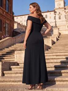 EVERPRETTY Women's Plus Size Elegant V-Neck Sleeveless Pleated Ruffle Asymmetrical Hem Midi Formal Dress, Suitable For Party, Evening Gala, Wedding Guest - Black - View 9