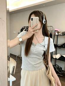 Solid Color Regular Shoulder Short Sleeve Women's Versatile Round Neck Slim Fit Flattering Elastic White Semi-Sheer T-Shirt Top Summer Casual - Light Grey - View 4