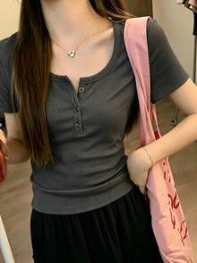 素色標準肩寬短袖女款百搭圓領修身彈性白色半透 T恤上衣夏季休閒 - 深灰色 - 查看 9