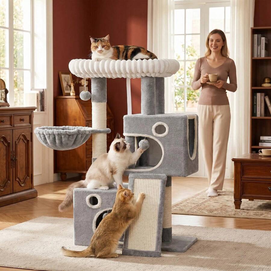 HaluPeit 116cm Household Cat Climbing Frame, Spacious And Stable Load-Bearing, Equipped With Soft Resting Platform, Closed Cat Hole, Dedicated Cat Scratching Board, Suitable For Indoor Use - Light Grey - View 1