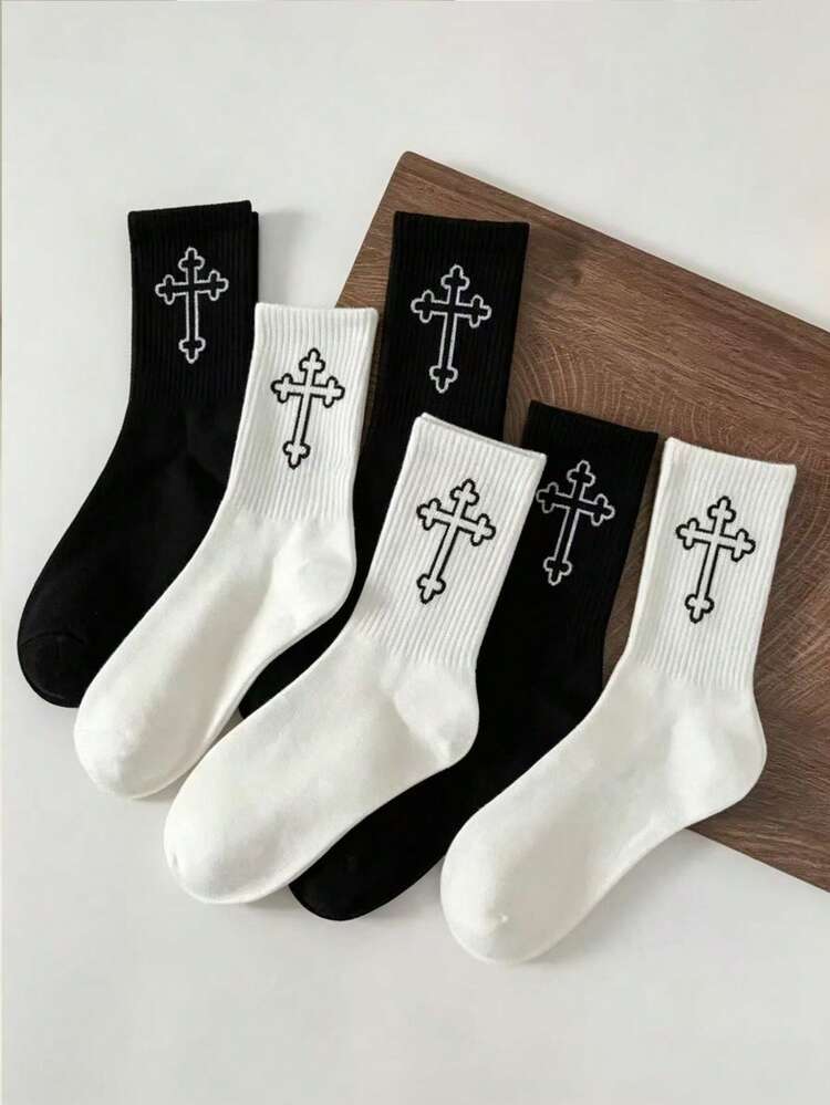 American Vintage Cross Mid-Calf Socks Unisex Black & White Versatile Street Sports Long Socks - Multicolor - View 5