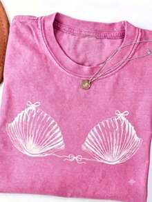 2026 Camiseta de mujer de algodón lavado, cómoda camiseta de concha de estilo retro de los 90, camiseta de entusiasta del océano, camiseta de viaje, camiseta de sirena, camiseta de estilo un - Rosa Fucsia - Ver 1