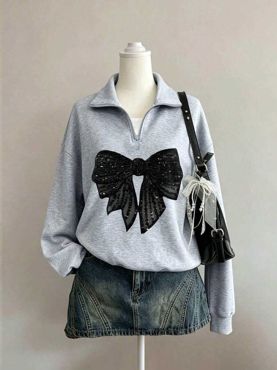 Sweet Korean Girls Half Zip Collar Sweatshirt, Black Mesh Rhinestone Bow Applique Soft Autumn Winter School Top - Grey - View 1