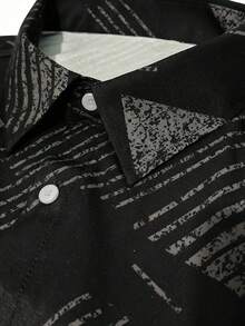 Black Base Dark Pattern Geometric Diagonal Stripe Long Sleeve Shirt, Men's Commuter Printed Shirt - Black - View 5