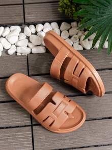 Women's Spring/Summer Solid Color Minimalist Versatile Breathable Open Toe Lightweight Soft Outdoor Home Beach Pool Slide Sandals - Brown - View 5