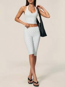 TimeOff Women's One Set Polka Dot Halter V-Neck Backless Tank Top & Bermuda Shorts Sports Set - White - View 9