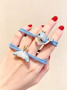 4pcs Cute Ocean Whale Starfish Shell Girls Hair Ties, Sweet Blue Elastic Hairbands Gift - Multicolor - View 3