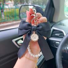 1pc Bowknot Keychain For Women & Teens, Rhinestone Pendant, Polished Metal Decor, Elegant French Style, Bag Charm, Car Key Holder, Valentine's Day Gift - Multicolor - View 4