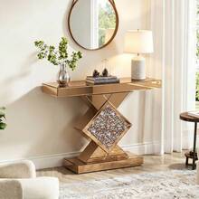 One Champagne Gold Mirrored Diamond Crushed Crystal Console Table, Light Luxury Modern Rectangular Decorative Hallway Table, Suitable For Entryway, Corridor, Living Room And Stairwell Decor - Champagne - View 8