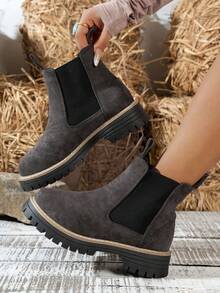 Autumn/Winter New Gray Suede Thick Sole Chelsea Ankle Boots, Slouchy Slip-On Design Height-Increasing Platform Boots, Wear-Resistant Non-Slip Rubber Sole Street Style Versatile Cylinder Boots - Grey - View 7