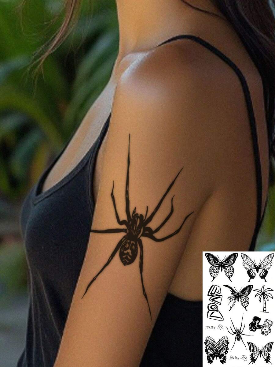 1 Sheet Black Solid Spider Butterfly Mixed Mini Arm Temporary Tattoo Sticker, Waterproof Long-Lasting Edgy Dark Style Fake Tattoo, Body Art Decal For Women Shoulder Wrist Rib Side Neck Thigh - Black - View 1