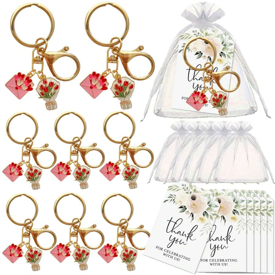 36pcs/12sets-12pcs/4sets Pink Envelope Handheld Flower Keychain Set - Includes Keychains, Gift Bags And Thank You Cards, Suitable As Holiday/Graduation/Back To School/Wedding/Birthday Gifts For Family And Friends, Or As Party Favors.