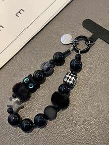 1PC Black Plush Cat Phone Lanyard Beaded Wrist Strap Car Key Chain Bag Charm Phone Hanging Chain With Free Spacer (Randomly Sent With Round Tag Or Without Round Tag) - Multicolor - View 6