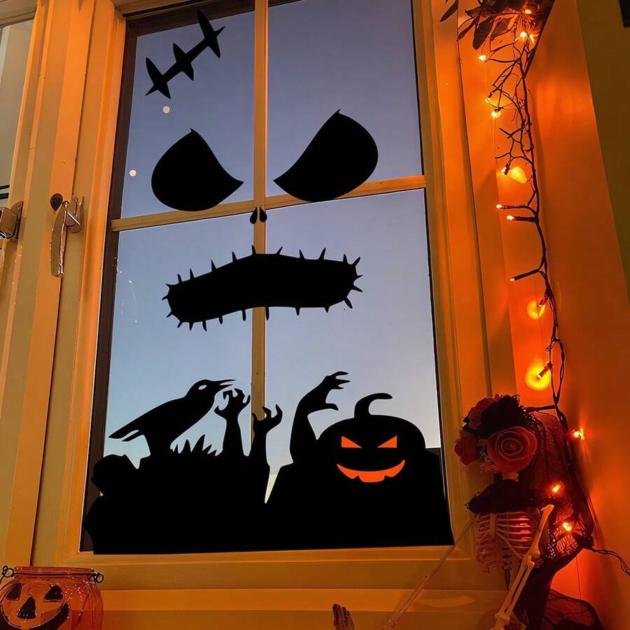 Halloween Decoration Room Door Stickers Window Decor Skeleton Hand Pumpkin DIY Devil Witch Hat Glass Window Stickers Ghost - Multi-color - View 1