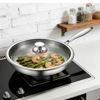 30cm/11.81 In Silver Nano Titanium Uncoated Non-Stick Frying Pan With Lid, Multi-Layer Composite Steel Skillet Compatible With Gas & Induction Stoves For Home Stir-Fry Cooking