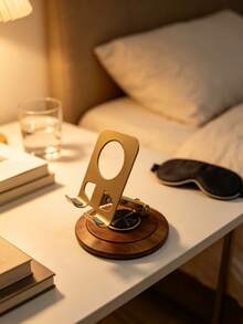 1pc Walnut Wood Base Metal Bracket 360 Degree Rotating Foldable Thickened Solid Wood Multi-Compatible Phone Tablet Universal, Portable Foldable Desktop Phone Stand, Compact Phone Stand, Suitable For Desktop, Office, Kitchen And Bedroom - A - View 3