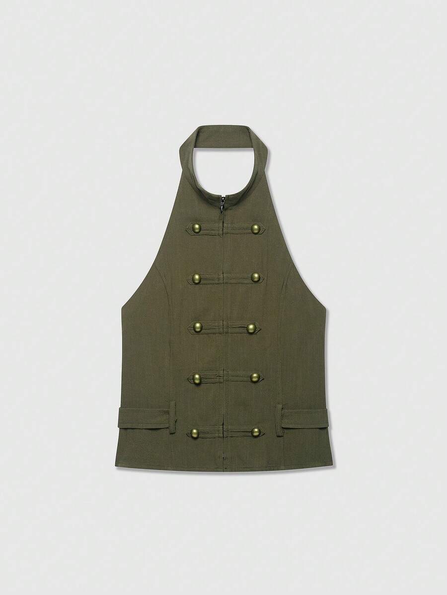 Women's Sleeveless Backless Napoleon Style Halter Top Summer - Green - View 1