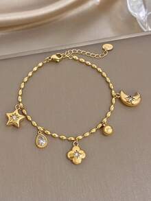 Set/1Pc Delicate Sun & Moon Zirconia Multi Charm Stainless Steel Necklace Bracelet Jewelry Set,For Women,Party,Daily,Birthday/Halloween/Christmas Gifts - Multicolor - View 8