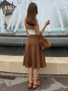 YIU Women's Brown Suede A-Line Skirt, Knee Length Slightly Elastic Casual Elegant Autumn Commute Date Daily Wear - Brown - View 4