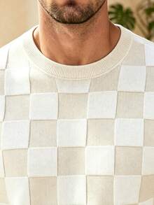 ALTZTAR Men's Beige Checkerboard Round Neck Knitted Short Sleeve Slim Fit Casual Breathable Top - Apricot - View 5