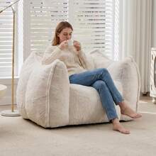 Modern, Minimalist Style. Giant Faux Fur Beanbag/Sofa In A Rug Style. Beanbag With 1 Cushion. No Assembly Required. Smooth Surface. Suitable For Living Rooms, Bedrooms, And Apartments. - Beige - View 8