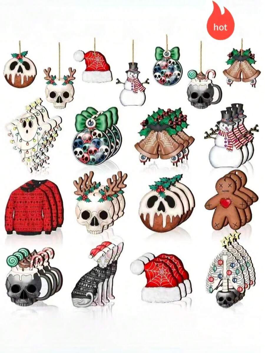 12pcs-104pc Halloween Horror Christmas Wooden Decorations, Scary Halloween Tree Ornaments, Horror Wooden Halloween Christmas Hollow Carved Decorations With Rope, Halloween Home Christmas Tree Party Decor