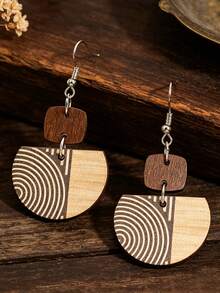1 Pair Bohemian Style Dual-Tone Wood Grain Semi-Circle Earrings, Minimalist Dangle Earrings - Multicolor - View 8