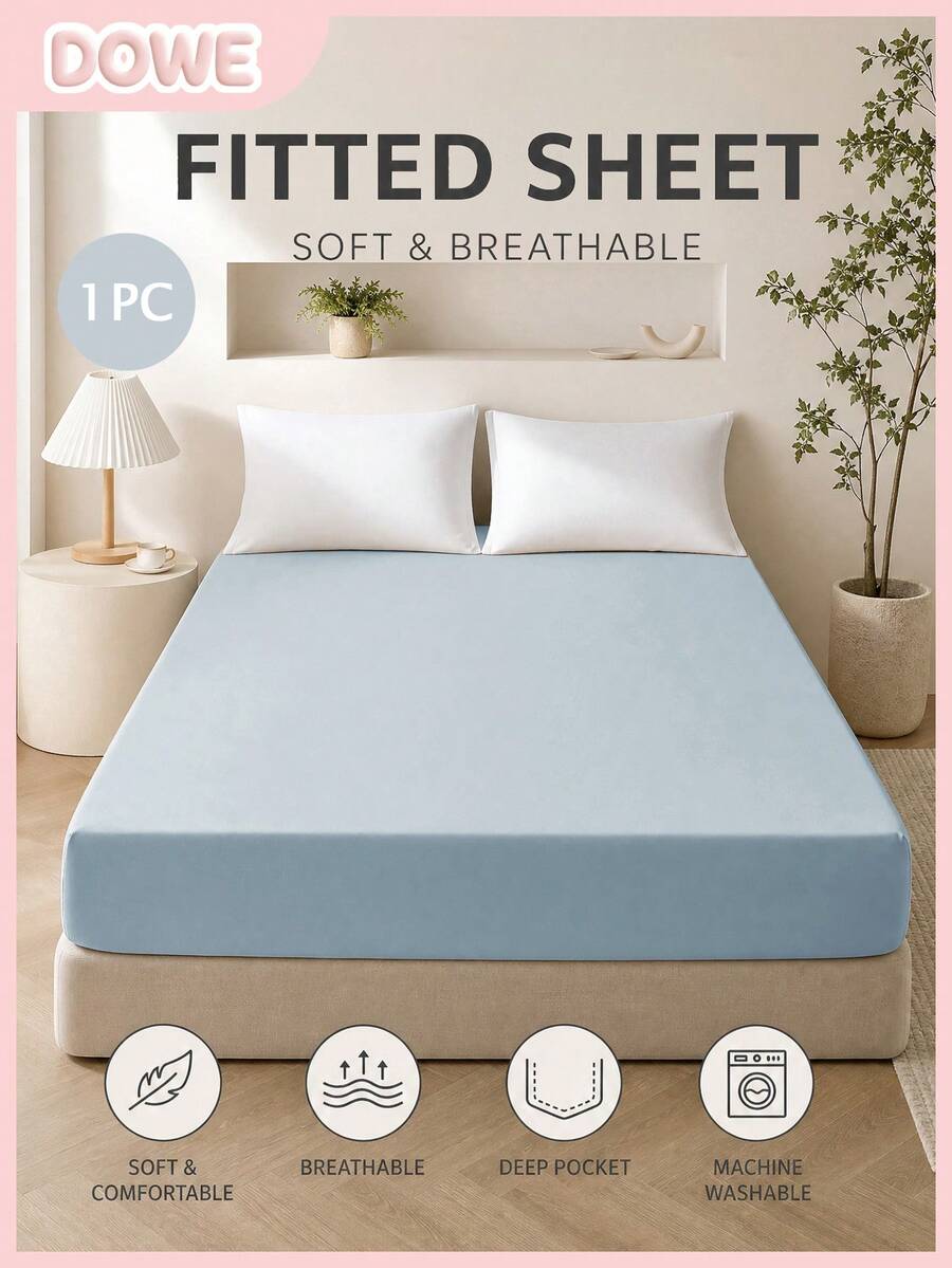 1pc Solid Color 25cm Deep Pocket Fitted Sheet, Soft Breathable Mattress Protector, Suitable For All Bed Sizes, Dorm Home Bedding Decor - Dusty Blue - View 1