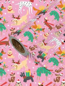 1 Roll Of Christmas Gift Wrapping Paper Featuring Dogs Wearing Santa Hats And Riding Skateboards; Made Of Coated Paper; Dimensions: 43 Cm X 300 Cm; Suitable For Wrapping Christmas Gifts, Decorating For Christmas Parties, And Holiday Gift-Giving. - A - View 1