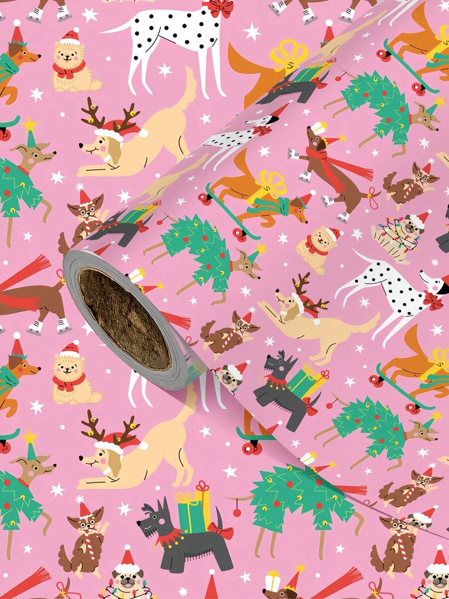 1 Roll Of Christmas Gift Wrapping Paper Featuring Dogs Wearing Santa Hats And Riding Skateboards; Made Of Coated Paper; Dimensions: 43 Cm X 300 Cm; Suitable For Wrapping Christmas Gifts, Decorating For Christmas Parties, And Holiday Gift-Giving. - A - View 1