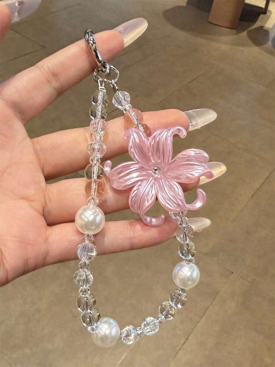 唯美奢華百合花珍珠手機掛繩，極簡透明珠飾掛繩手鍊，通用女款配件禮物，送給她的禮物