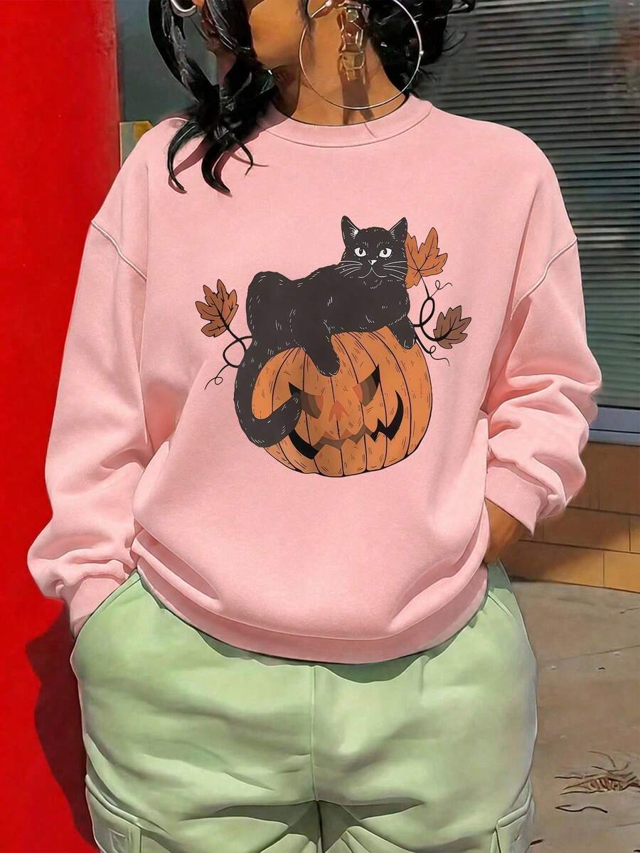 Halloween Print Pattern Crew Neck Sweatshirt, Plus Size Women's Casual Autumn/Winter Long Sleeve Sweatshirt Pink - Pink - View 1