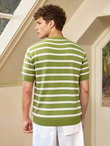 Whitmere Men's Stylish Contrast Color Striped Knit Sweater - Urban Minimalist Round Neck Short Sleeve Top, Breathable Summer Knit T-Shirt - Lime Green - View 2
