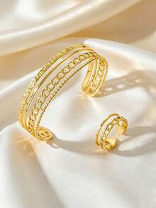 MONALLY 18K Gold Plated Minimalist Premium Hammered Hollow Chain Stainless Steel Open Adjustable Bracelet & Ring Jewelry Set For Women, Commute, Gift, Versatile Accessory - Jewelry Set - View 3
