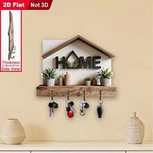 1pc Wooden Multi-Function Wall Key Rack With 4 Metal Hooks, Rustic Vintage Entryway Home Decor Organizer, 2D Flat Design Room Kitchen Villa Storage Hanging Shelf For Seasonal Decoration Organization - Multicolor - View 2