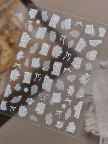 1件精緻5D 3D美甲貼紙，熱門DIY美甲貼紙，蕾絲與蝴蝶結裝飾 - 白色 - 查看 3
