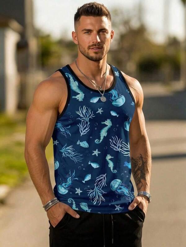 Camiseta sin mangas con estampado de vida marina para hombre