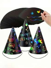 72/36pcs Scratch Art Party Hat Set, Cone Hats With Elastic Cords And Scratch Pens, Fun Colorful Scratch Paper, DIY Creative Craft, Creative Decoration And Group Interaction, Birthday Party Hats, Suitable For Adult Party Supplies, Gifts, Bridal Shower - Multicolor - View 2